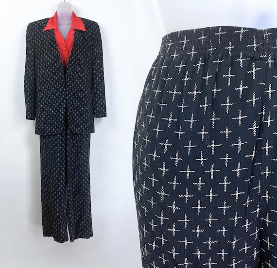 90s vintage black and ecru cross print pant suit … - image 1