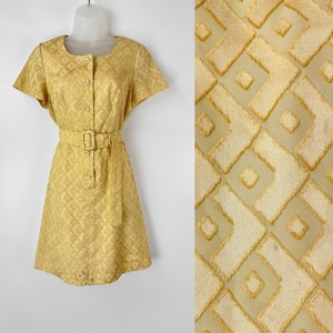 60s vintage butter yellow geometric burnout jacquard belted mini dress Cocktail Homecoming Dress 60s GoGo Carnaby Street Dress for Wedding