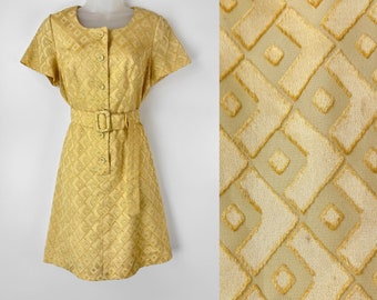 60s vintage butter yellow geometric burnout jacquard belted mini dress Cocktail Homecoming Dress 60s GoGo Carnaby Street Dress for Wedding