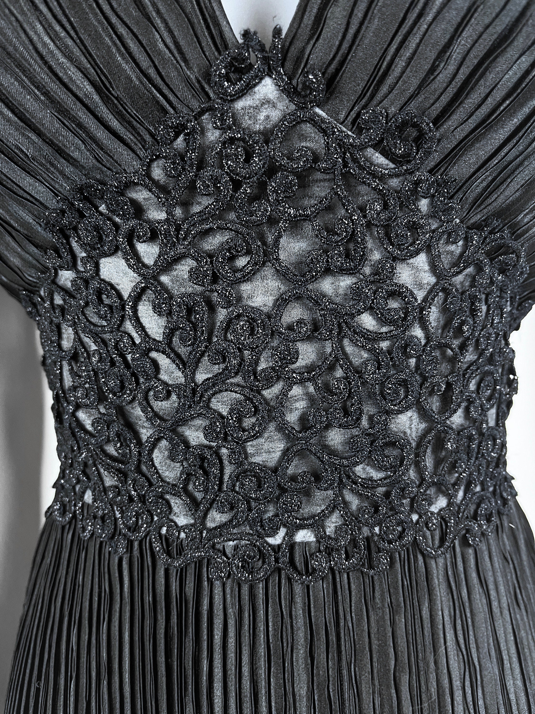 2000s Vintage Night Valentino Black Fortuny Pleat Cocktail Dress