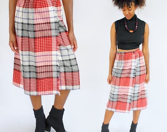 80s plaid fringed wool wrap midi skirt, Red and white, 28 inch waist, wool plaid skirt, fringed wrap skirt, 80s midi skirt, 90s aesthetic