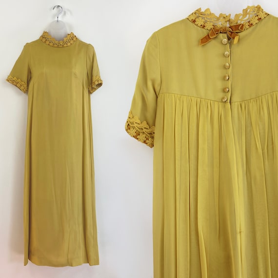60s Vintage mustard chiffon mock neck shift maxi d