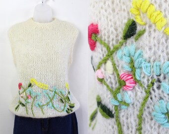 70s cream mohair wool vest with floral crewel work Medium Mohair Vest COTTAGECORE Honeycore Sleeveless Embroidered Sweater, Light Academia