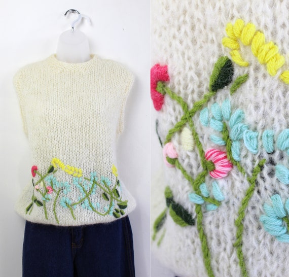 70s cream mohair wool vest with floral crewel wor… - image 1