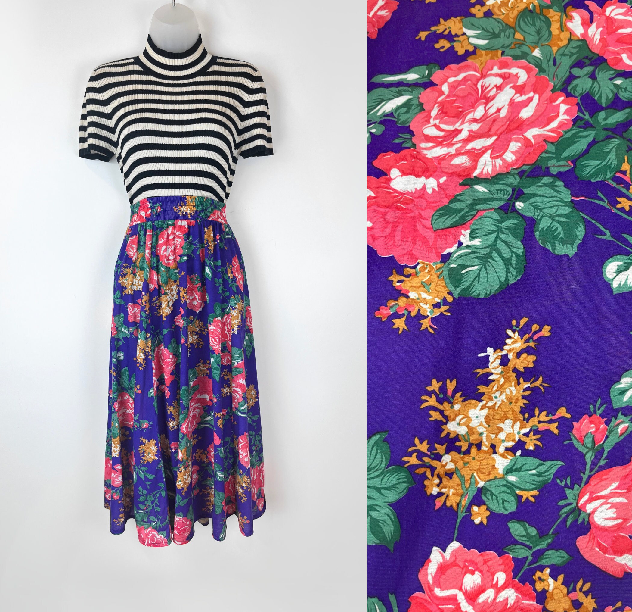 90s Vintage Bright Purple Floral Print Knit Midi Skirt Size 10, 27 Inch ...