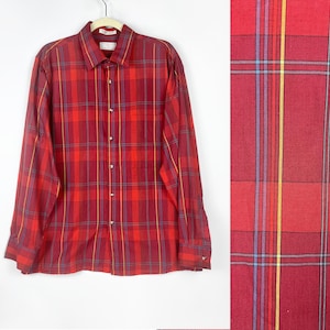 90s vintage red plaid men&#39;s long sleeve buttondown shirt Vintage Menswear Hipster Mens Lumberjack Gorpcore Mens Red Plaid Shirt Gift for Him