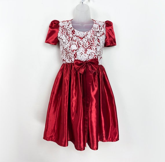 80s vintage red satin party dress with white lace… - image 2