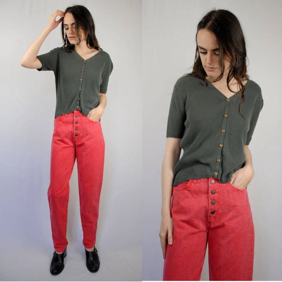 Coral pink high waist high rise button fly jean, … - image 2