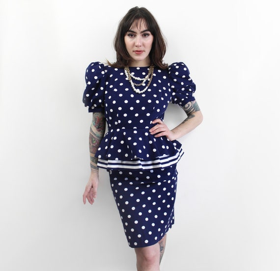 80s does 40s navy polka dot peplum dress, Size 4,… - image 1