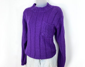 80s Vintage purple cable knit sweater with pocket, Medium, Barney Purple, Purple Jumper Purple Acrylic Sweater Slouchy Sweater 90s Aesthetic