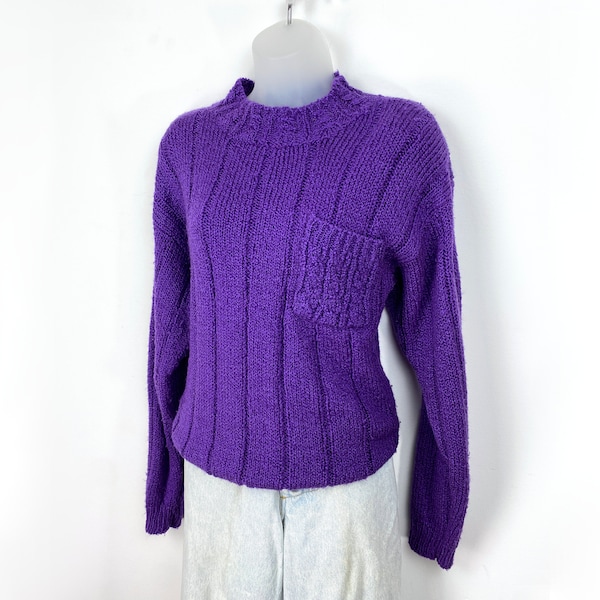 80s Vintage purple cable knit sweater with pocket, Medium, Barney Purple, Purple Jumper Purple Acrylic Sweater Slouchy Sweater 90s Aesthetic