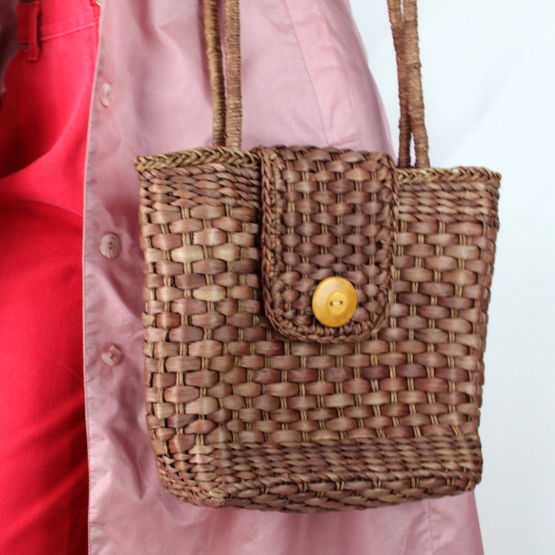 90s Woven Corn Husk Bag / Vintage Rattan Bag / Hippie Shoulder Etsy
