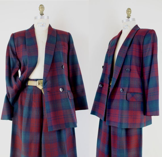 90s maroon and navy plaid wool women's pant suit,
