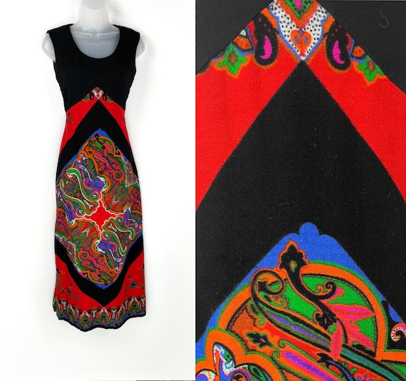 70s vintage black and rainbow paisley hostess dre… - image 1