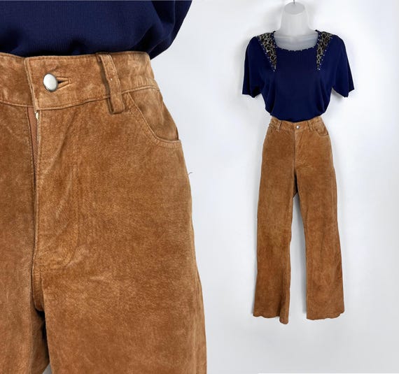 90s Vintage Tan Bootcut Suede Trousers Size 3 Size 4 28 Inch