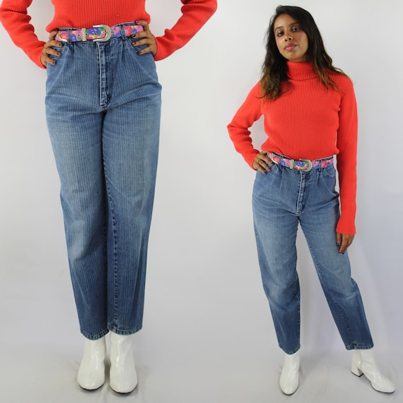 90s medium wash pinstripe high waist jeans, 30 in… - image 1