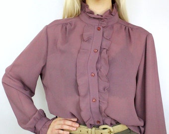 80s sheer mauve high neck ruffle button blouse, Medium Large, 80s ruffle blouse, sheer blouse, 80s blouse, lilac purple blouse, 80s clothing