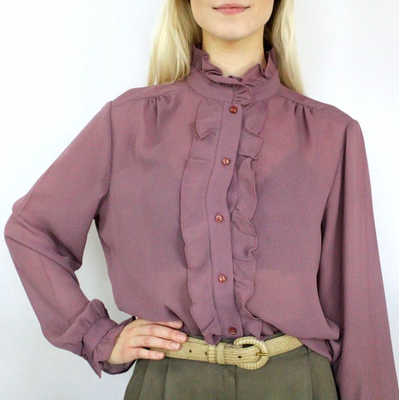 80s sheer mauve high neck ruffle button blouse, M… - image 1