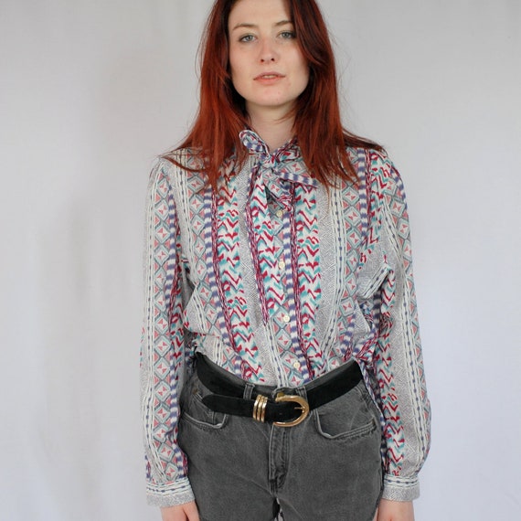 90s VINTAGE southwestern print bow blouse, Medium… - image 2