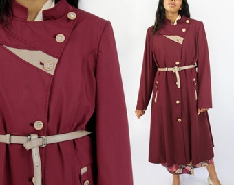 80s VINTAGE burgundy and beige asymmetrical trench coat, Size Medium, Weather Resistant, Granny Overcoat, 80s Outerwear, Colorblock Trench
