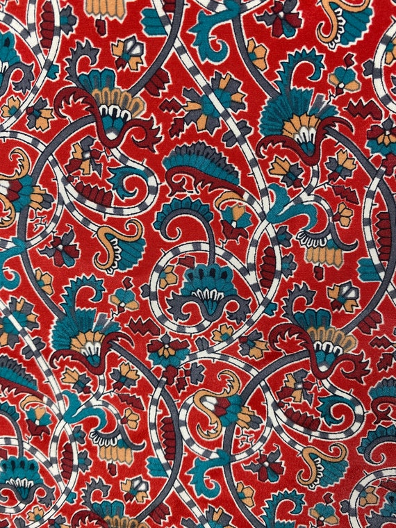 80s Vintage festive red and teal green paisley pr… - image 5