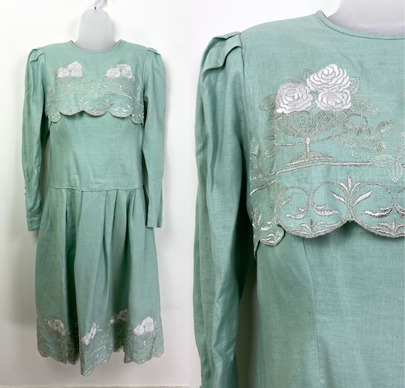 80s drop waist mint green linen midi dress with e… - image 1