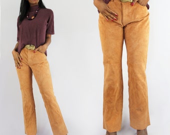 90s Vintage Tan Bootcut Suede Trousers Size 3 Size 4 28 Inch