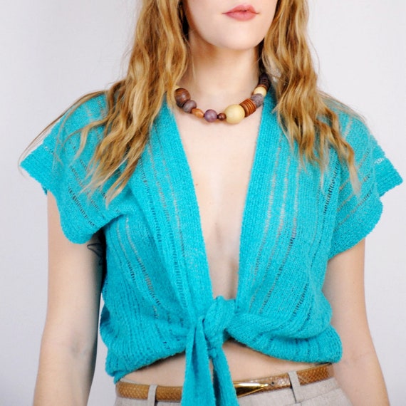90s aquamarine thin loose knit slouchy tied sweate