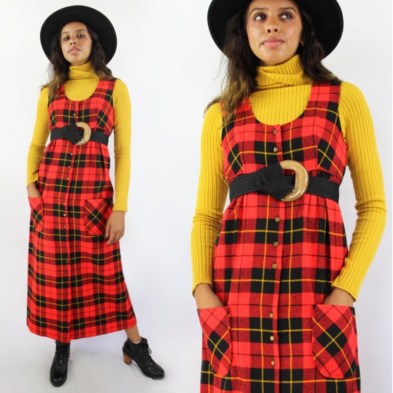 90s red and black tartan plaid empire waist maxi d