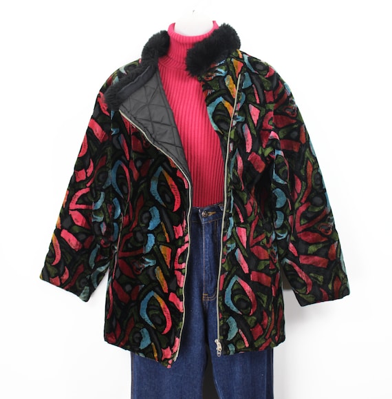 60s black floral print plush carpet coat with fau… - image 5