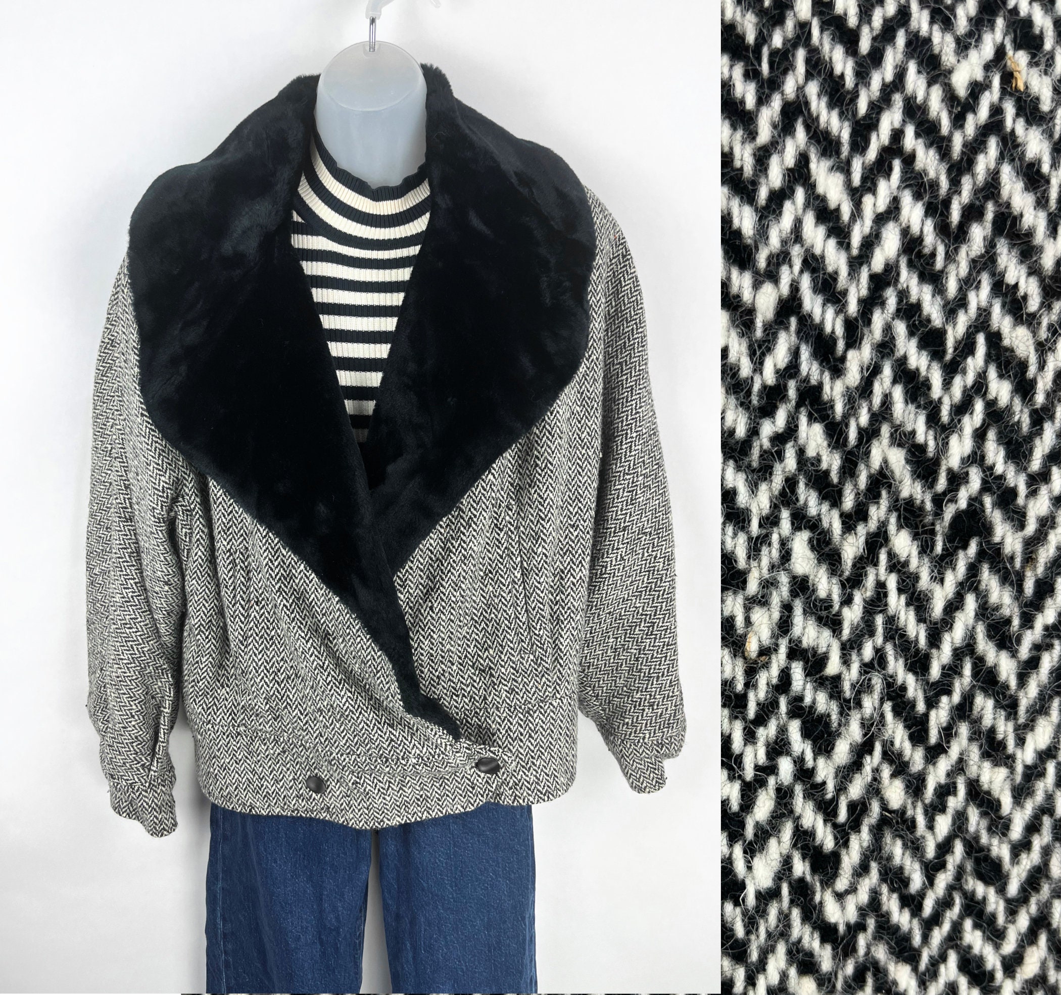80s Vintage Wool Herringbone Bomber Jacket With Black Faux Fur 