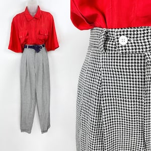 90s vintage black and white houndstooth tapered high waist cuffed cotton trousers 27 inch waist Light Academia 90s Clothing 90s Aesthetic