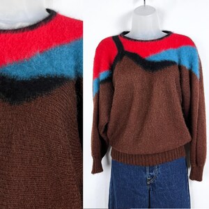 80s vintage brown blue and red angora blend long sleeve sweater Medium Kid Mohair Angora Blend Italian Made Statement Sweater 80s Sweater