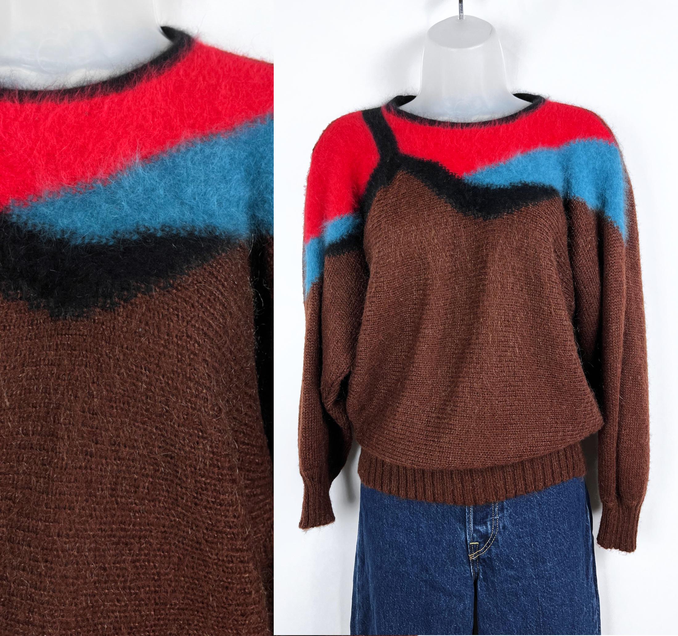 80s vintage brown blue and red angora blend long sleeve sweater Medium Kid Mohair Angora Blend Italian Made Statement Sweater 80s Sweater