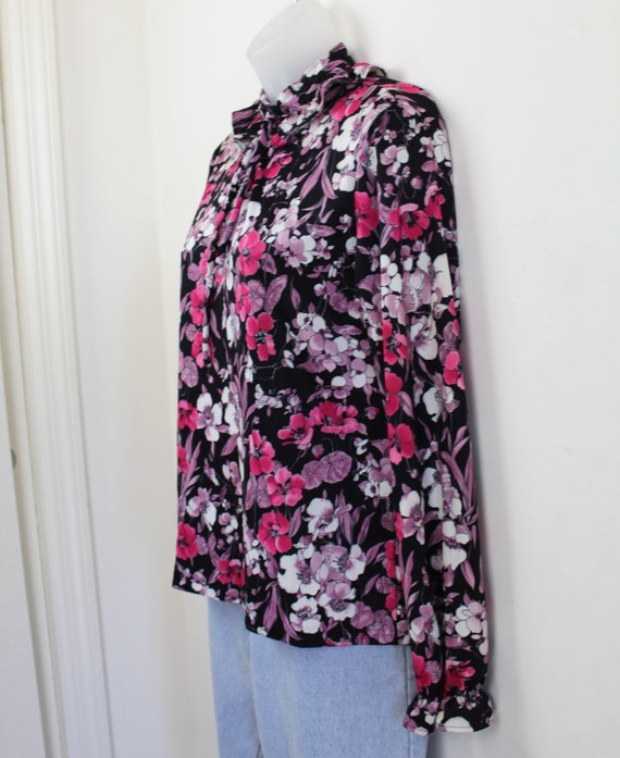 70s pink and purple floral print poly ruffle blou… - image 4