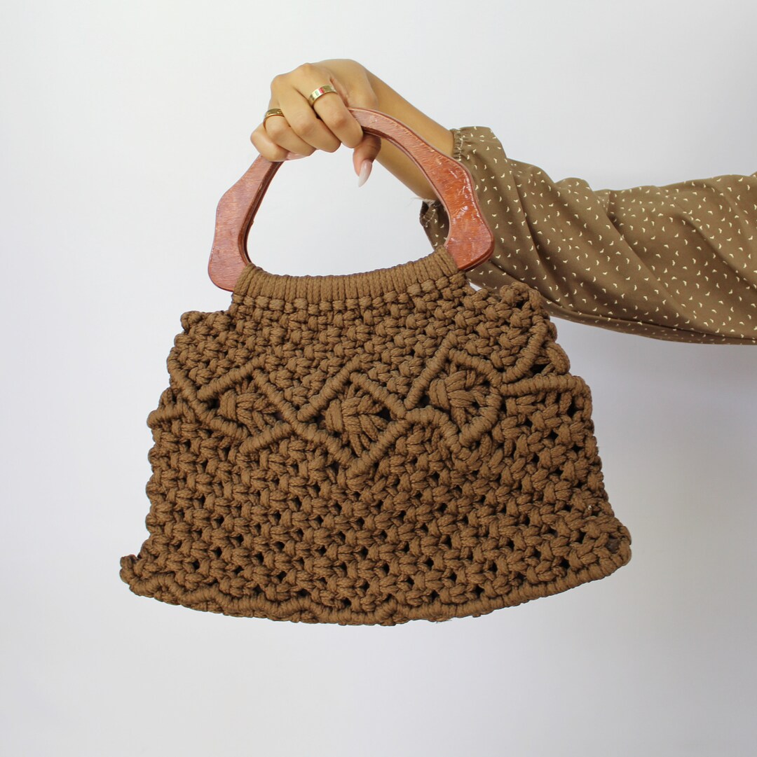 70s Brown Macramé Bag With Wood Handle Boho Handbag Wood - Etsy