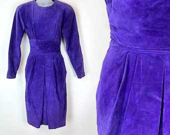 80s vintage royal purple leather suede midi dress Size 8 Purple Suede Dress Purple Leather Dress Balmain Inspired 80s Fashion, 80s Costume,