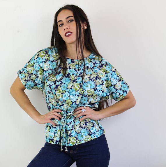 70s blue and green floral peplum top with drawstr… - image 7