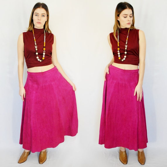 90s hot pink suede maxi skirt, Size 10, 30 inch w… - image 1