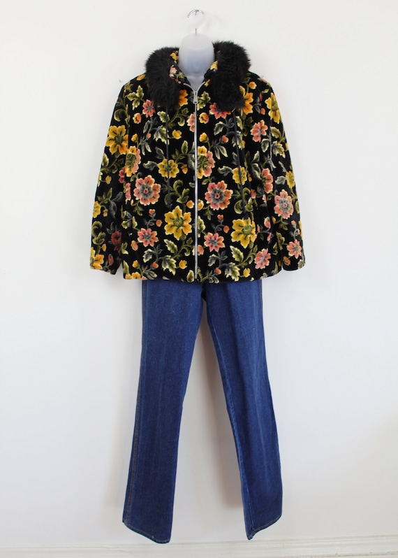 60s black floral print plush carpet coat with fau… - image 3