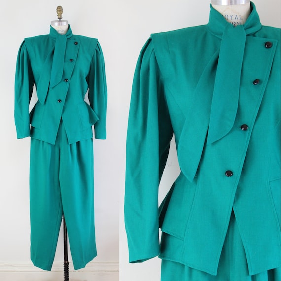 90s emerald green wool women's pant suit set with