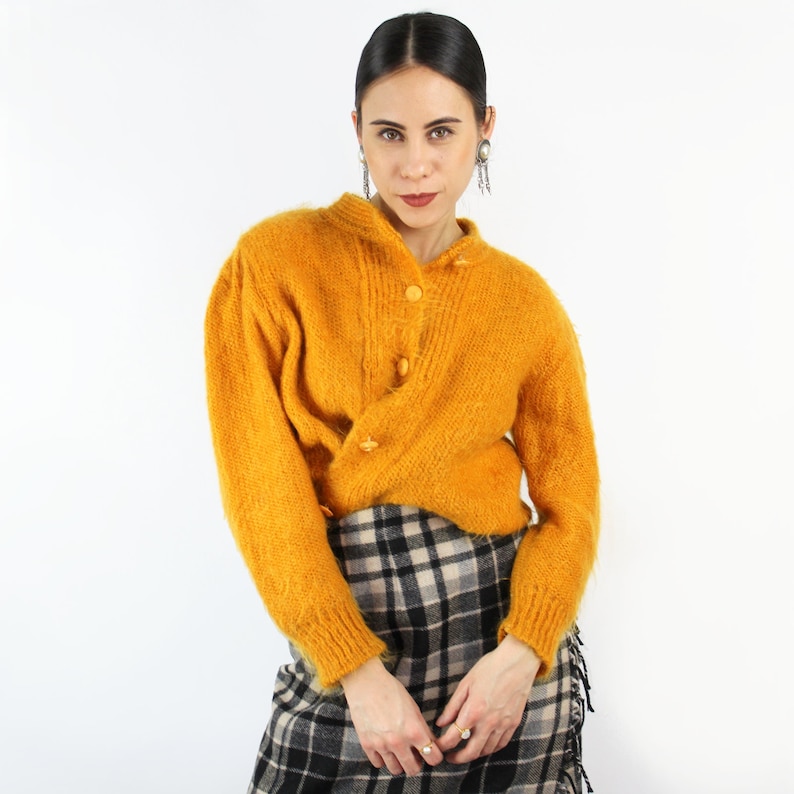 Fuzzy mohair sweater mustardgoldenrod sweater MOHAIR blend sweater cardigan mustard cardigan 1980s clothing 80s VINTAGE sweater **