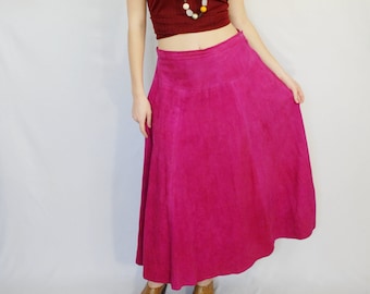 90s vintage magenta hot pink suede maxi ankle skirt Size 10, 30 inch waist