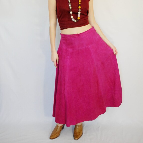 90s hot pink suede maxi skirt, Size 10, 30 inch w… - image 2