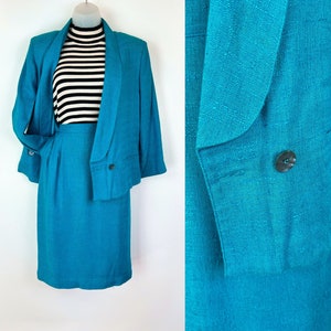 80s vintage cerulean blue blazer and skirt set Small Medium 80s Skirt Suit Parisian Chic Emily in Paris 90s Skirt Suit Flax 1980s Clothing