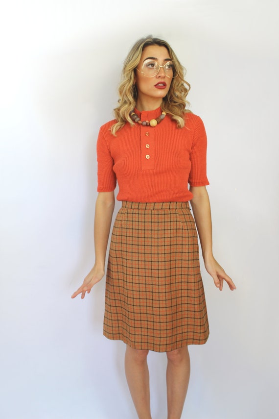 70s brown and orange plaid pencil skirt, 24 inch … - image 3