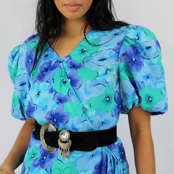 90s blue floral watercolor silk wrap dress, Ballo… - image 4