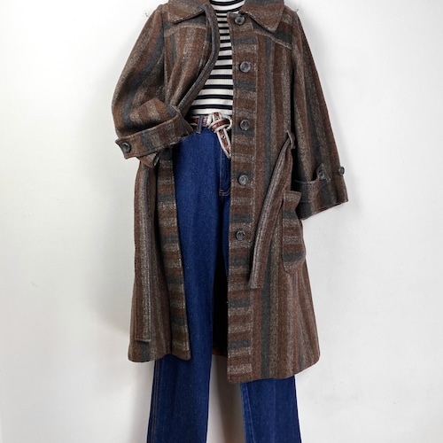 80s vintage brown striped wool trench coat, Size 10 Small Medium, Striped Wool shops Trench, 70s Wool Coat, 80s Outerwear Brown Wool Coat Academia