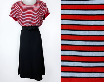 90s vintage red and blue striped black colorblock dress, Medium, Curvy Girl, Mod Striped Dress, Nautical, 90s Clothing, 90s Aesthetic