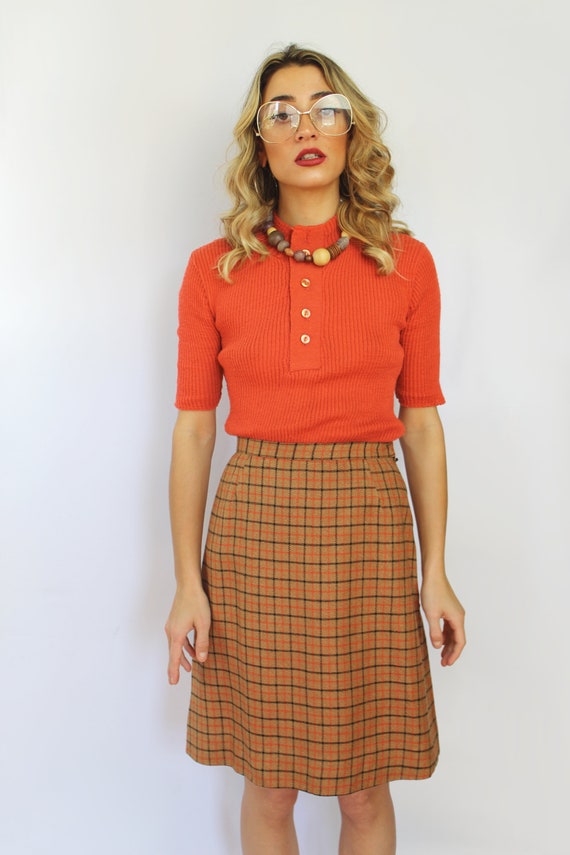 70s brown and orange plaid pencil skirt, 24 inch … - image 2